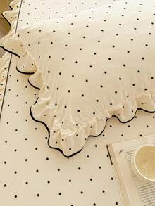 3pcs Bed Skirt Set (1pc Bed Skirt + 2pcs Pillowcases) Ruffled Double Layer Lace Trim Polka Dot Pattern Simple Elegant Style Bed Skirt Set Suitable For Double Bed Single Bed Bedroom Bedding Bed Sheet All Season - Light Yellow - View 2