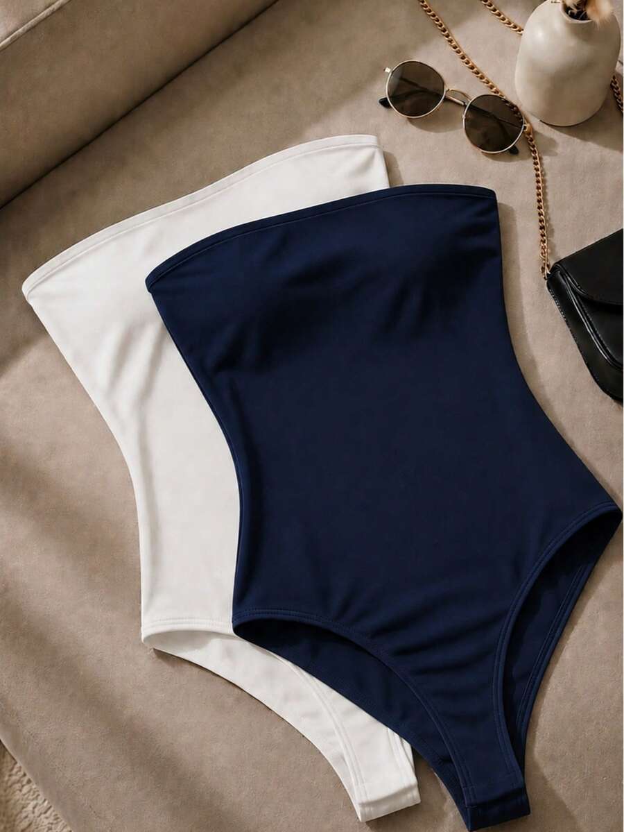Women Bodysuits - 白色和藏青色 - 查看 1