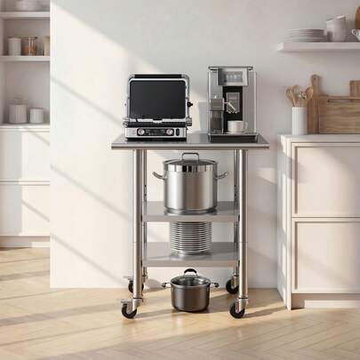 Stainless Steel Work Table, 24x30 Inch Food Prep Table With 2 Shelves And Wheels, Commercial Kitchen Workstation, Metal Heavy Duty Utility Worktable, For Restaurant Home Hotel Garage Outdoor
