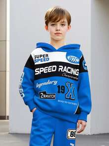 Tween Boys' Spring/Autumn Long Sleeve Hoodie & Long Pants 2-Piece Set, Royal Blue With Black & White Contrast Racing Letter & Number Print Hoodie And Matching Royal Blue Racing Logo Print Cuffed Casual Sweatpants, Suitable For Daily Outings, School Activities, Outdoor Leisure, Motorcycle Racing Sportswear - Blue - View 5