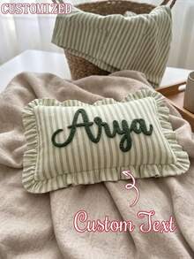 Personalized Striped Ruffle Tufted Embroidery Pillow, Customized Flocked Name Embroidered Cushion, Soft Rectangular Throw Pillow, Suitable For Sofa Bedroom Apartment Decor, Ideal Gift For Housewarming Birthday Anniversary - Multicolor - View 9