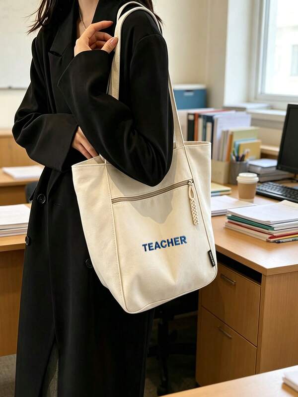 1pc TEACHER Embroidered Letter Canvas Tote Bag, Large Capacity Multi-Compartment Teacher Commuter Handbag, Front 3D Blue Embroidered Logo, Front Zipper Pocket With Woven Rope Zipper Pull, Interior Divided Compartments For Lesson Plans, Notebooks, Tablets, Multiple Colors Available, Suitable For Outdoor Short Trips, Minimalist Commuter Style Enthusiasts, Daily Classroom Lesson Plan Storage, Office Commute Essentials, Teacher's Day Creative Gift, Simple Everyday Outfit