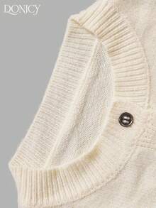 DONICY Women's Cream Crew Neck Single Button Lantern Sleeve Cropped Knit Sweater Cardigan, Soft Layering Sweater Top For Spring Fall Daily Wear - Apricot - View 5