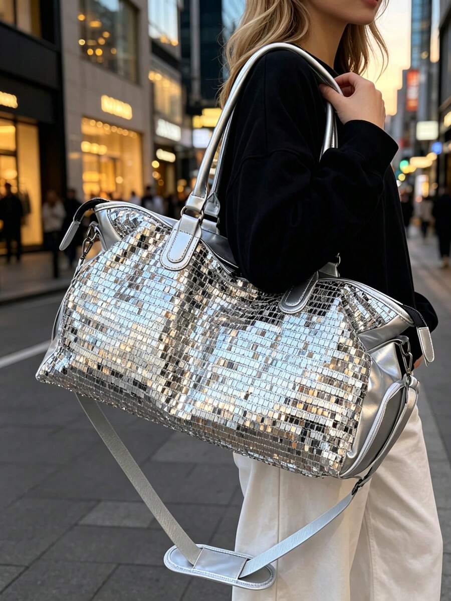 New Fashion Travel Bag, Solid Color Minimalist Niche Design With Sequins, Stylish And Cool, Suitable For Short Trips And Fitness, With Independent Shoe Compartment, Large Capacity, Versatile And Exquisite