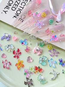 1 Box Spring Summer 3D Nail Charms Set, Colorful Resin Flower Dragonfly Butterfly, Silver Moon Alloy, Heart Rhinestone Bow, Mixed Kawaii Y2K Manicure Decorations, DIY Nail Art Accessories For Nail Salon & Home Nail Design - Multicolor - View 3