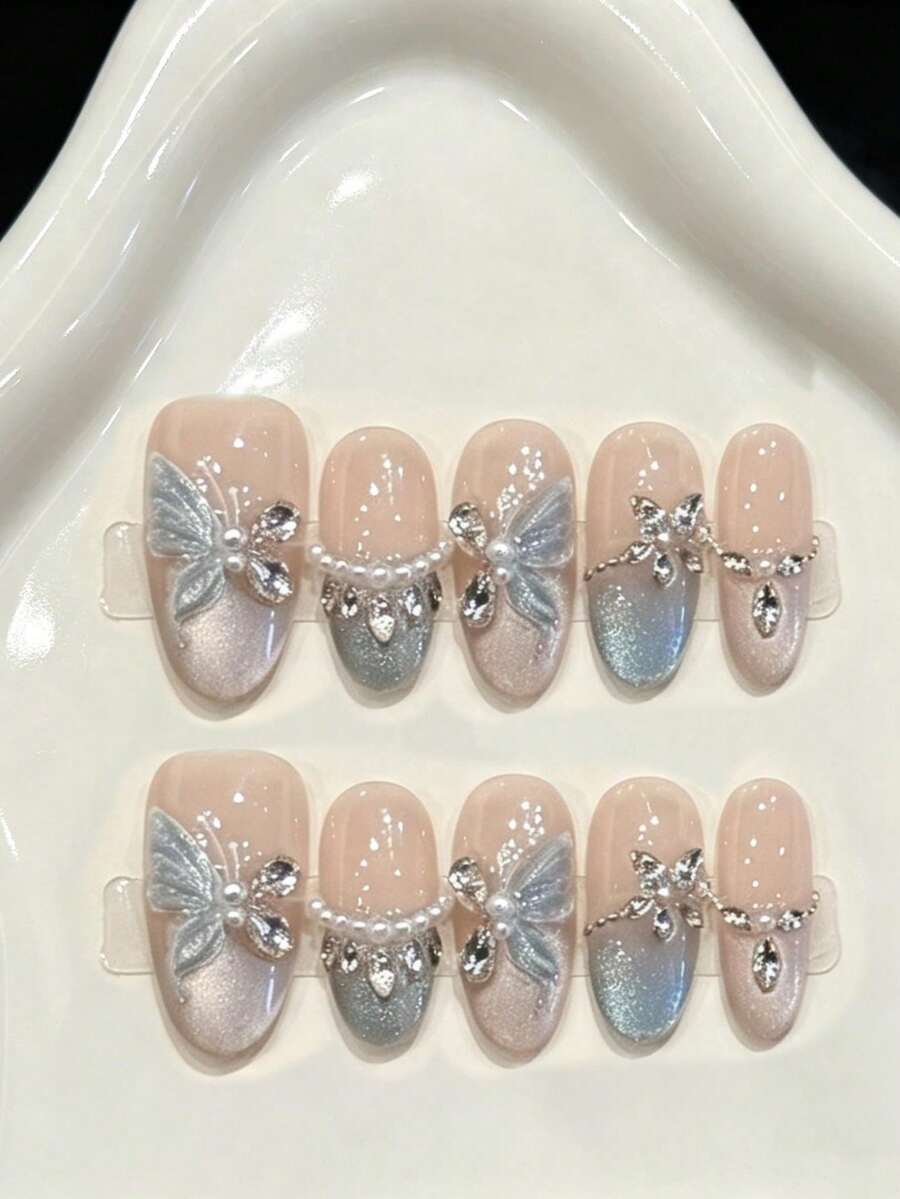 10pcs Short Oval Handmade Press-On Nails, Light Blue Cat Eye Butterfly Zirconia Style, Suitable For Girls And Women For Holiday Parties And Daily Wear, Summer New