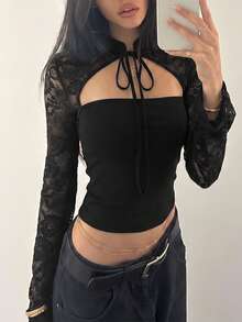 Women Sexy Lace Cut Out Long Sleeves Fall Winter Party Club Going Out Top - Black - View 2