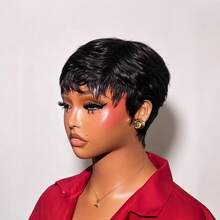 1B Hair Short Pixie Cut Wig With Bangs, No Glue No Lace Front, Short Layered Trim, Fully Machine Woven, Easy To Wear, Suitable For All Ethnicities - Multicolor - View 6