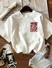 Printed Short-Sleeved T-Shirt With Round Neck, Casual Top For Spring/Summer, Women's Clothing. - 白色 1 - 查看 1