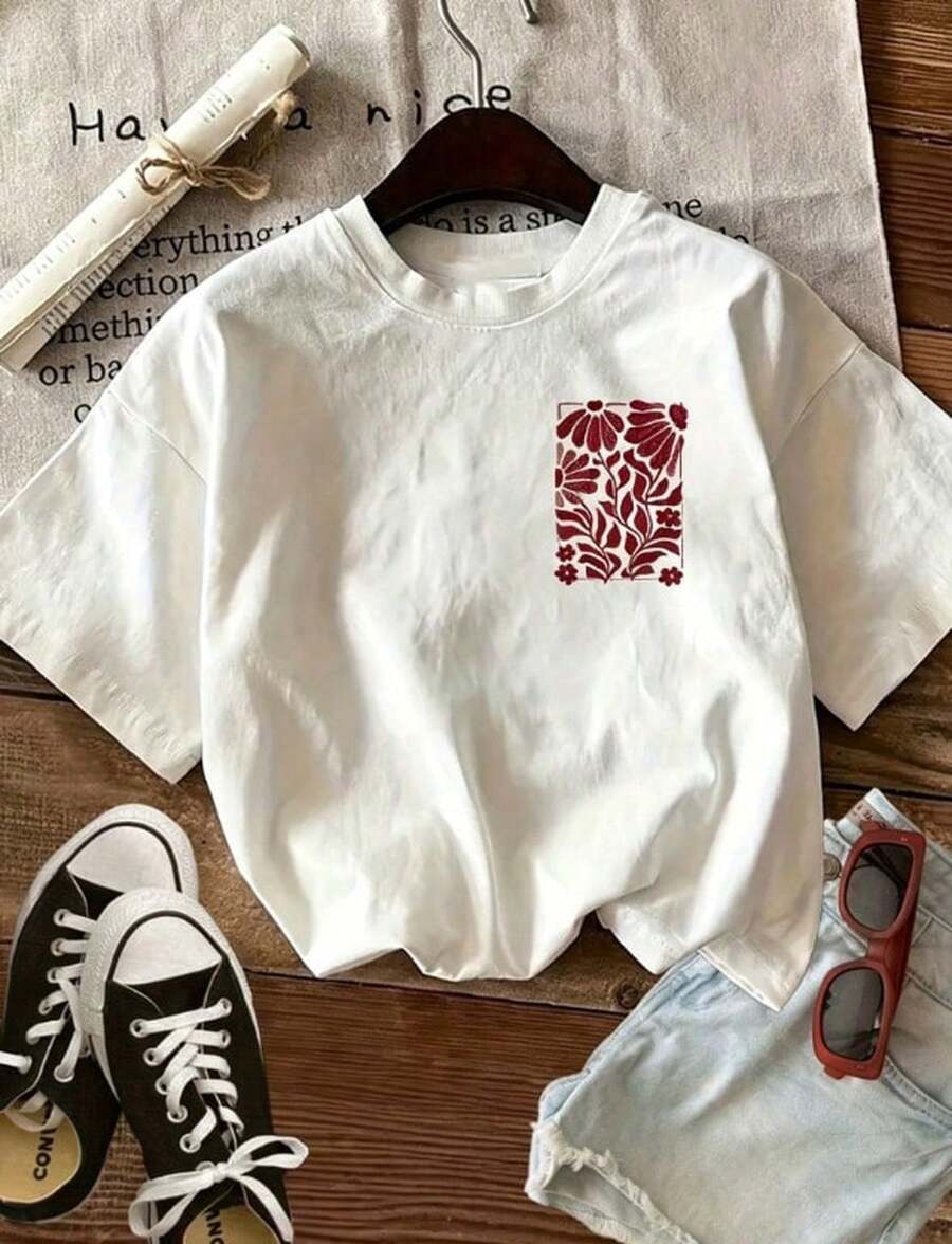 Printed Short-Sleeved T-Shirt With Round Neck, Casual Top For Spring/Summer, Women's Clothing. - 白色 1 - 查看 1