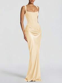 Fitted Long Satin Draped Dress With Tie Back, Elegant Summer Birthday Party Evening Dress - Light Yellow - View 4