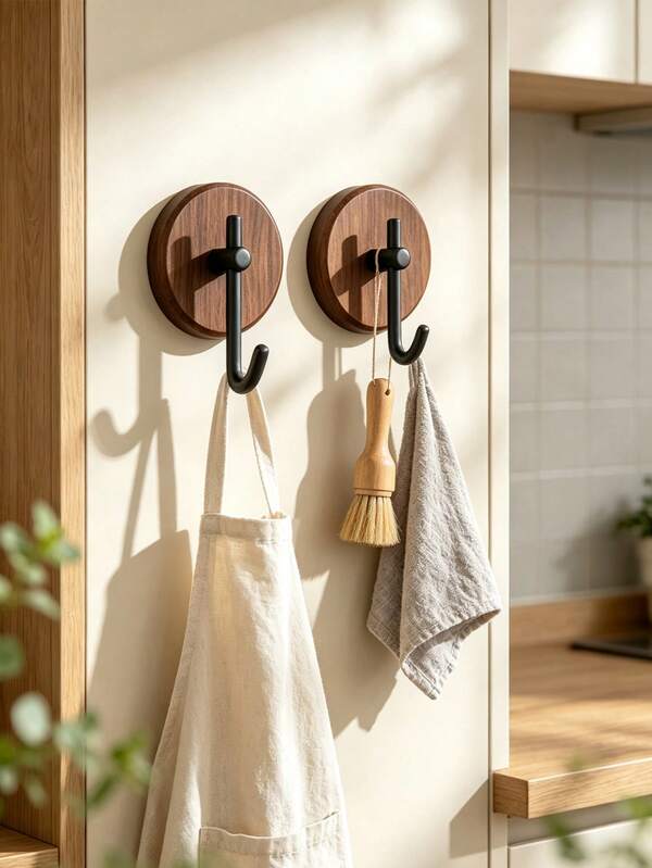 2PCS Self-Adhesive Walnut Color Wall Hooks Heavy Duty No Drilling Installation Towel Hooks Suitable For Clothing Storage Living Room Kitchen Bathroom Bedroom Organization