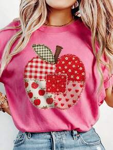 Back To School Teacher Big Apple Graphic Patchwork Shirt, Women's Casual Solid Color Round Neck Short Sleeve Minimalist T-Shirt Summer - Multicolor - View 2