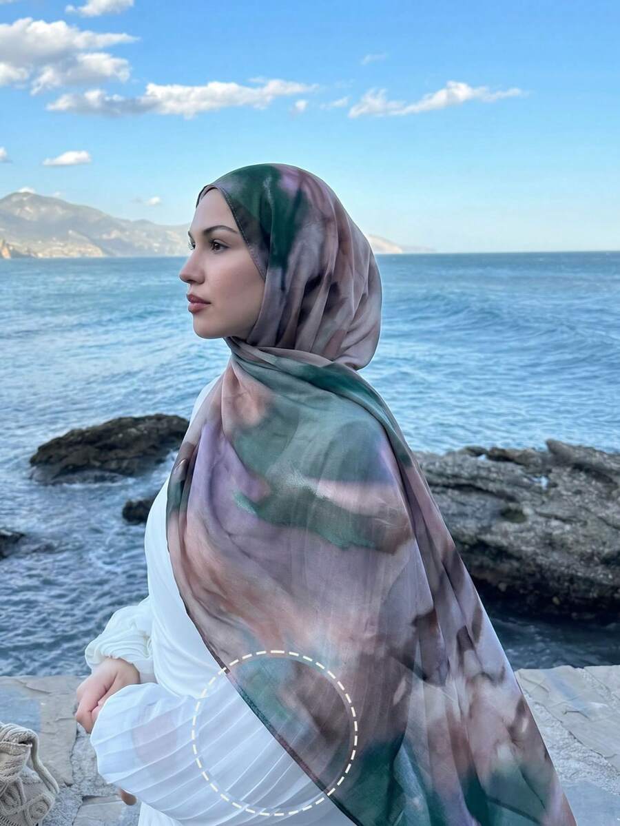 1件裝女款波希米亞風水彩印花頭巾,穆斯林防曬頭巾,優雅百搭圍巾披肩,適合日常穿著與好友聚會 - 綠色暈染 - 查看 1