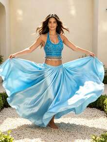 Belly Dance Embroidered Coin Trim Crop Top Glossy Satin Flowy Maxi Skirt (Multiple Colors Available) - Multicolor - View 3