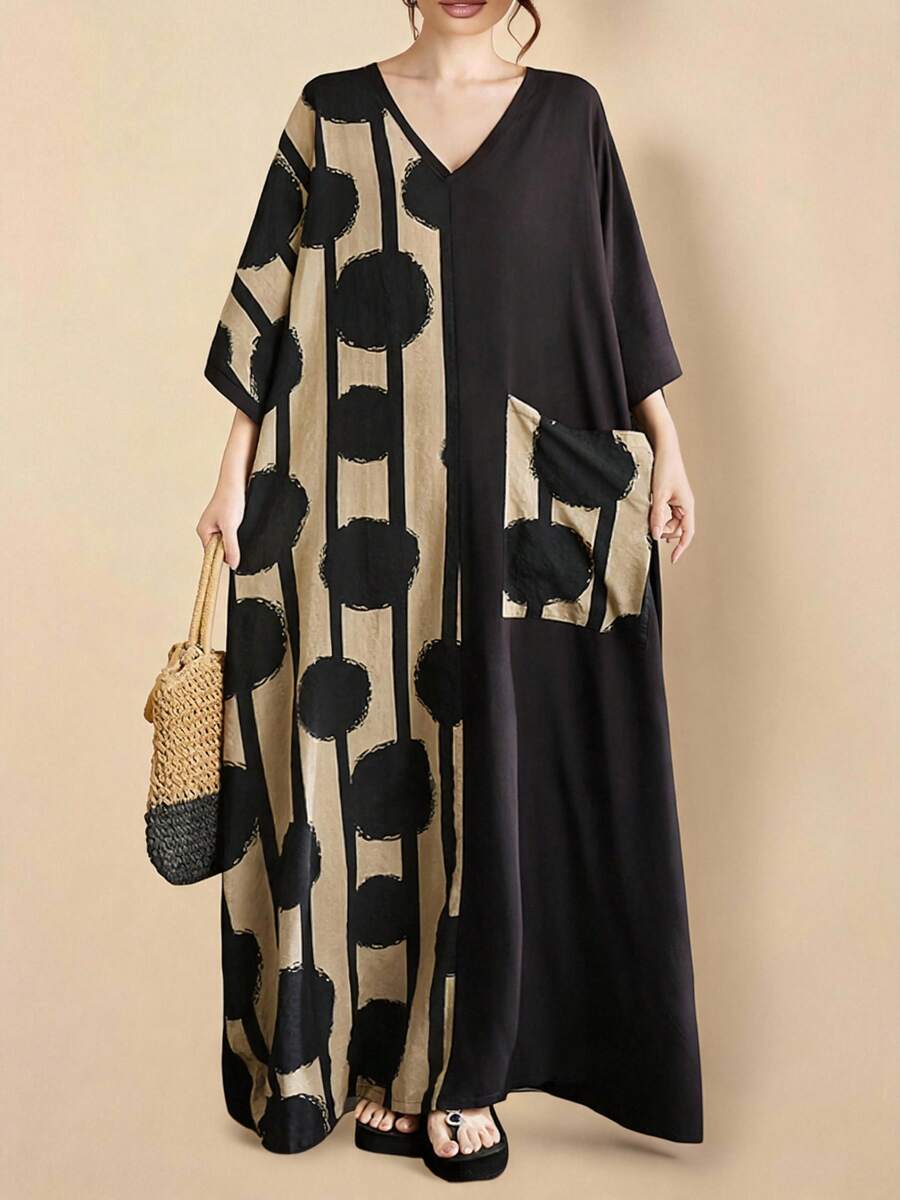 Voworia 女款波點連身裙 優雅度假風大尺碼波希米亞休閒度假洋裝 V領短袖黑色度假裙 - 黑色 - 查看 1