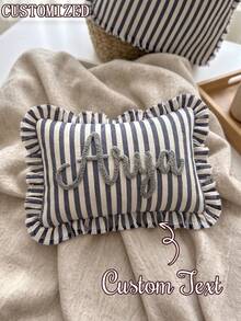 Personalized Striped Ruffle Tufted Embroidery Pillow, Customized Flocked Name Embroidered Cushion, Soft Rectangular Throw Pillow, Suitable For Sofa Bedroom Apartment Decor, Ideal Gift For Housewarming Birthday Anniversary - Multicolor - View 4