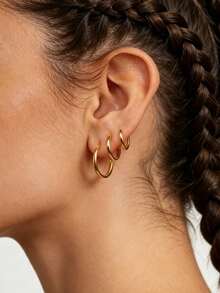 1 Set Classic Minimalist Style Stainless Steel Hoop Earrings With Basic Coil Design For Women, Suitable For Daily Wear/Office Commute - Yellow Gold - View 4