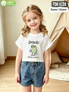 Tween Girls'  Cotton Cropped Cuffed Sleeve Tee, Graphic Print,  Cute Sweet Preppy Girl Style - White - View 4