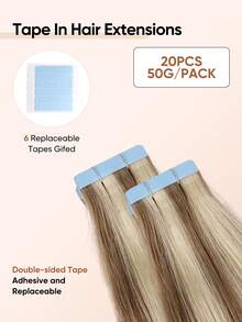 Jessie's Wig 20pcs 50g Tape In Hair Extension, 100% Real Remy Human Hair Extension For Salon Silky Seamless Invisible Skin Weft Tape Ins, Highlight Color, For Thinning Hair Woman Natural Look Can Be Reused ,Add Volume Halloween Costumes 10P613# - S10/613 - View 4