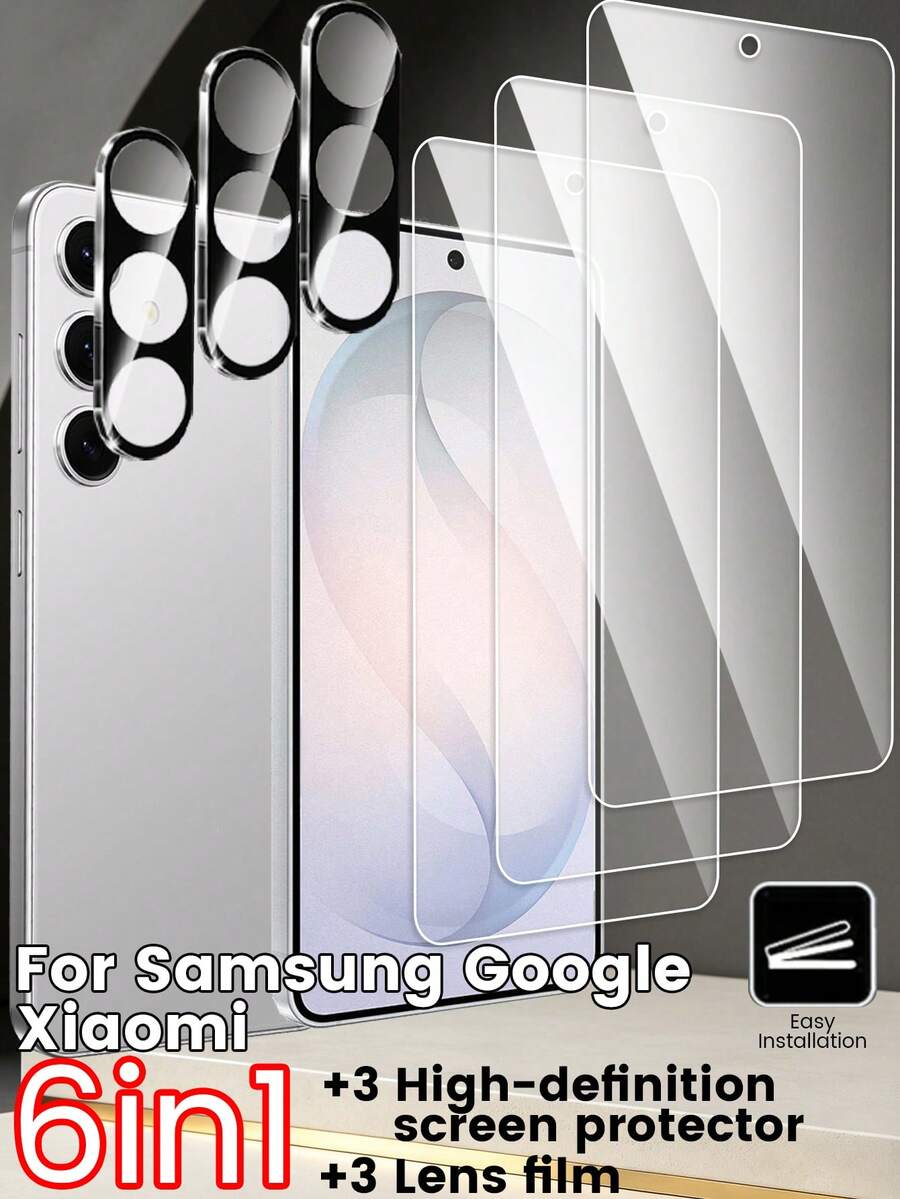 [6in1]3pcs Tempered Glass Screen Protector Compatible With Samsung/, High Transparency Full Coverage, Smooth Touch Sensitivity, 9H Hardness, Anti-Scratch & Anti-Drop, Better Phone Protection + 3pcs Lens Protector, Full Coverage, No Pixel Loss, Bare Phone Image Quality, Secure Fit, No Residue After Removal, Hydrophobic & Oleophobic, Fingerprint & Dust Resistant