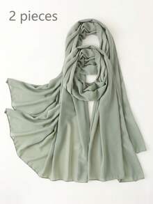 2件組女款純色珍珠雪紡柔軟頭巾 阿拉伯風休閒長圍巾 保守純色頭巾 適合日常使用 - 綠色 - 查看 1