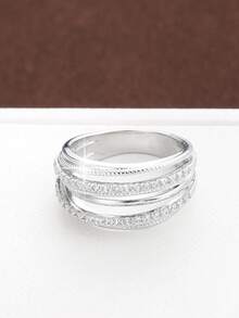 1 chiếc nhẫn nữ bản rộng thiết kế đường nét tối giản đính đá Cubic Zirconia - bạc + trắng - Xem 2