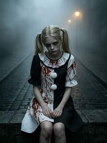 Girls' Casual Horror Vampire Clown Short Sleeve Color Block Dress Costume Outfit Cosplay Halloween Carnival Night - Black and White - View 8
