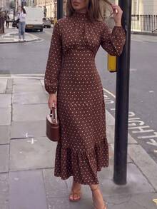 Women's Polka Dot Casual Party Dress - Brown - View 7