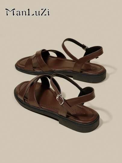 ManLuZi Women's Coffee Brown Flat Open Toe Single Strap Sandals Summer Shoes Minimalist Thin Strap Soft Sole Beach Sandals For Women