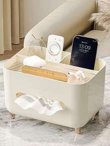 Minimalist Cream Color Rectangular Design, Gold Legs, Divided Large Capacity, Multi-Functional Remote Control Storage Desktop Organizer Box, Home Tissue Box, Suitable For Living Room, Bedroom, Office, Coffee Table, Christmas, Housewarming Gift - Multicolor - View 6