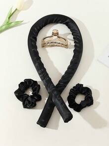 1pc Black Heatless Curling Rod, Reusable Heatless Curling Hair Band With Ribbon And Hair Claw Clip, Lazy Natural Soft Wave DIY Curling Tool, Overnight Sleep Styling Tool - Black - View 1