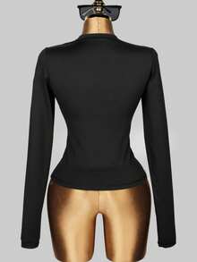 Autumn Elegant Black Tops For Women Back To School Lounge Wear Long Sleeve T-Shirt Office Attire For Women - Black - View 5