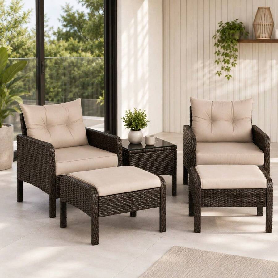 5 Pieces Patio Rattan Sofa Ottoman Furniture Set With Cushions - Beige - View 1