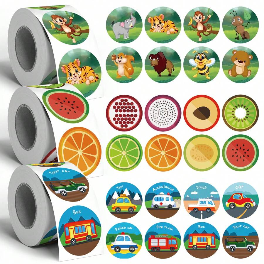 500pcs Cartoon Doodle Roll Stickers 1 Inch Round 3 Theme Options [Jungle Animals / Colorful Fruits / Construction Vehicles]Bright Colors Playful Style For Water Bottles, Pencil Cases, Picture Books, Storage Boxes, Snack Containers Labeling, Teacher Classroom Reward Stickers - Multicolor - View 1