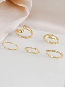 5pcs Exquisite Cubic Zirconia Inlaid Wave & Water Drop Ring Set, Suitable For Women's Daily Wear, Dating, Party, Stacking - Yellow Gold - View 5