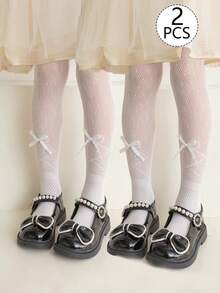 2件組女童兒童幼兒網眼褲襪，黑色白色純色波點圖案，蝴蝶結飾品，提花薄款高彈力網眼舞蹈褲，適合日常、學校、可愛風格，春夏四季通用，適合學生日常聚會，可搭配裙子、短褲、小皮鞋，開學季新學期校園教室穿搭 - 彩色 - 查看 12