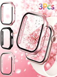 3PCS Compatible With Apple Watch Screen Protector Case 38/40/41/42/44/45/46/49mm Accessories, Cover For Women Men, Tempered Glass Film Hard Bumper - Transparent+Black+Rose Gold - View 12