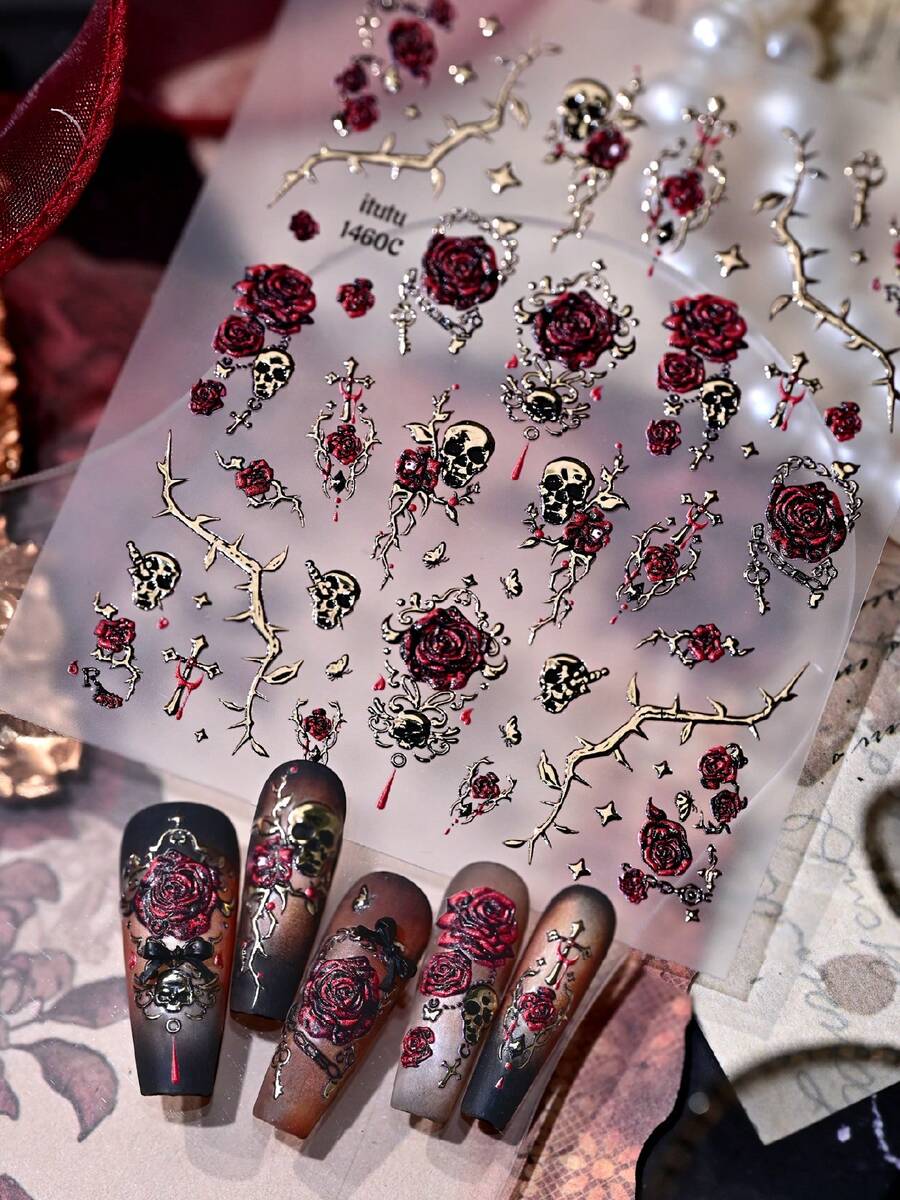 Red Rose Skull & Thorns 5D Embossed Nail Stickers, Dark Gothic Blood Red Rose & Cross Subculture Cool Spicy Long Wearable Nail Decor - Multicolor - View 1