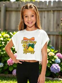 Tween Girls'  Cotton Cropped Cuffed Sleeve Tee, Graphic Print,  Cute Sweet Preppy Girl Style - White - View 3