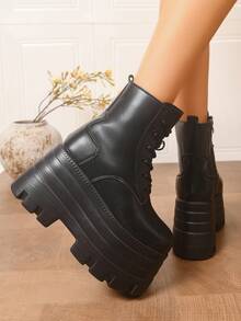 Women's Lace-Up Side Zipper Solid Color Ankle Boots, Winter New Punk Style Thick Sole Fashion Black Ankle Boots - Black - View 3