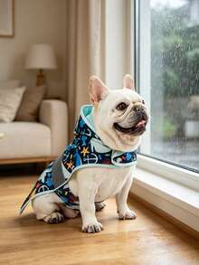 1pc Reversible Hooded Dog Raincoat, Cute Shark Print Reflective Waterproof Jacket, Adjustable Hook And Loop Rain Gear, Suitable For Small And Medium Dogs - Blue - View 7