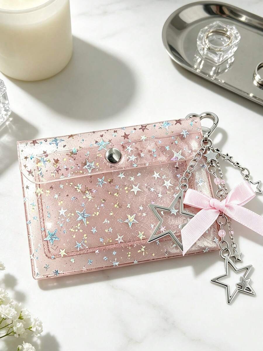Multi-Color Shiny Star Card Holder With Star, Heart And Bow Pendant, Transparent Design With Star Pattern, Lightweight And Multifunctional, With Snap Closure To Prevent Items From Falling And Hanging Chain For Suspension. Can Be Used As Business Card Holder, ID Card, Coin Purse, Lipstick Bag And Gift, Also Suitable As Party Accessory. Suitable For Vacation, Beach, Date, Shopping And Commute, A Great Travel And Graduation Gift For Friends, Sisters, And Back-To-School Gift - Multicolor - View 1