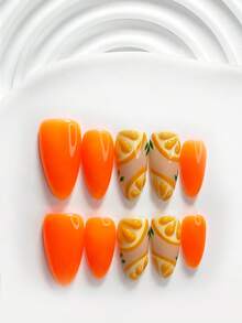 10片清新夏季水果風手工穿戴甲，Polygel美甲套組，橘色/橘色指甲油色，韓系軟妹風，含美甲工具，3種尺寸可選，方形/短方形/杏仁形，適合派對、跳舞、日常配戴 - 彩色 - 查看 13