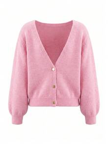 Women's Comfortable Pink Knitted Cardigan, Long Sleeve V-Neck Sweater, Suitable For Spring Wear, Medium Stretch, Regular Length - Pink - View 9