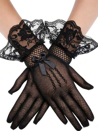 1 Pair Women's Short Fishnet Gloves, Ruffle Lace Cuff With Bow Decor, Party Evening Dress Accessory