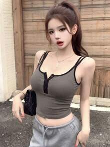 Atasan Camisole Pendek Colorblock Musim Panas 2026, Kemeja Tanpa Lengan Seksi Pas Badan dengan Dekorasi Kancing, Desain Tanpa Punggung & Memperlihatkan Perut, Kasual - Abu-abu gelap - View 4