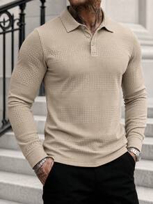 Men's Spring/Autumn Daily Commute Fashion Casual Solid Color Minimalist Long Sleeve Polo - Khaki - View 1