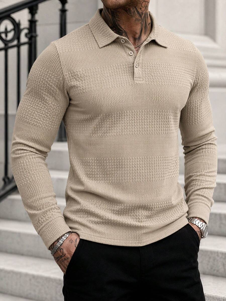 Men's Spring/Autumn Daily Commute Fashion Casual Solid Color Minimalist Long Sleeve Polo - Khaki - View 1