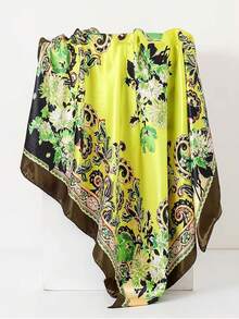 Vintage Pastoral Yellow Floral Paisley Print Satin Square Scarf, Smooth Shiny Faux Silk Fabric, Can Be Used As Beach Headwrap, Suit Necktie, Handbag Strap, Travel Sun Protection Scarf, Seaside Vacation Commute Women's Atmospheric Outfit Accessory, Back To School Season - Multicolor - View 6